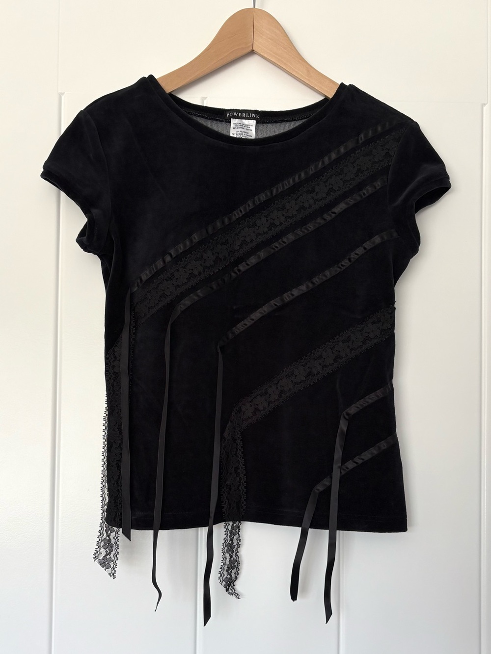 Vintage 90s Gothic Black Lace Velvet Ribbon Y2K Top Fits Size Small - Picture 2 of 11
